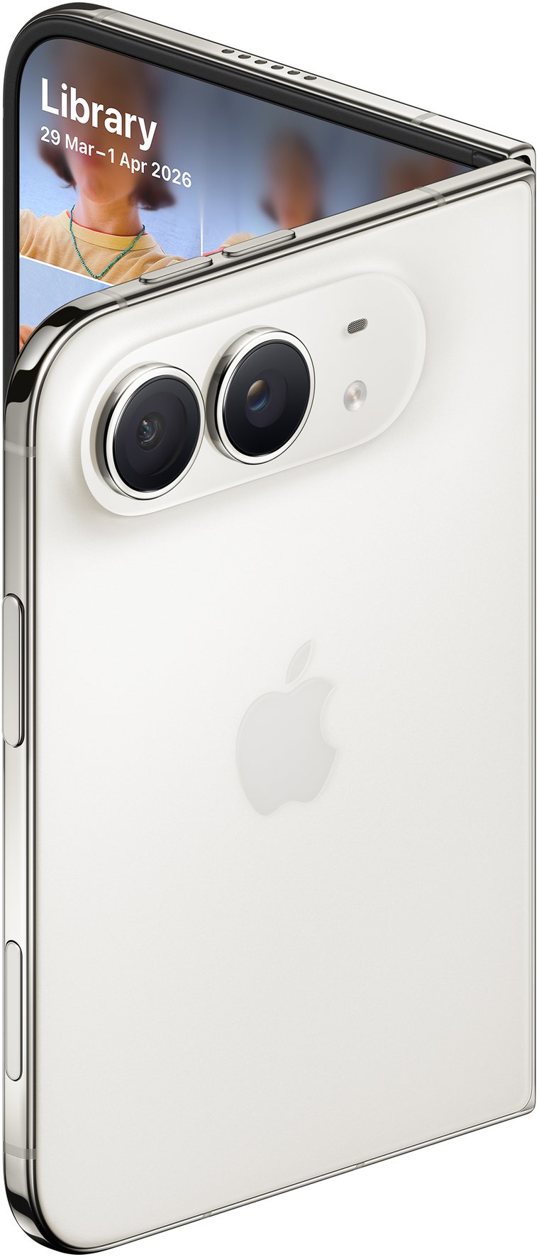 iPhone Duo in Star White seen from the rear, showing the dual camera module and mirror-polished titanium frame