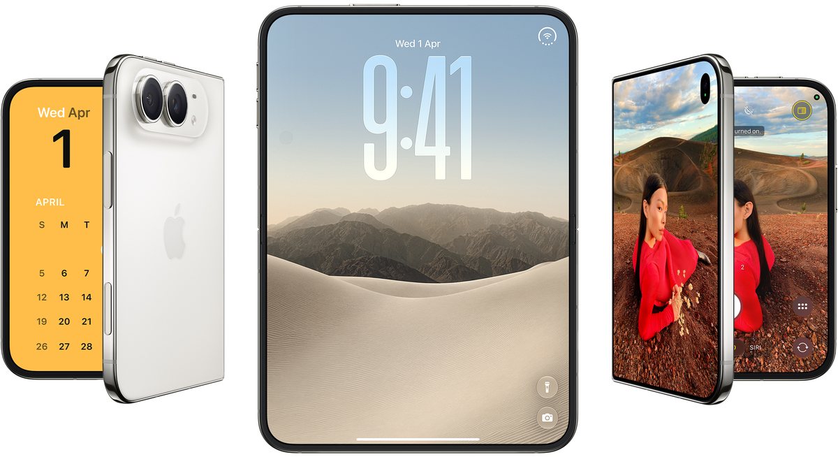 Apple iPhone Duo shown closed from the back, opened flat showing the 7.6-inch inner display, and from the side