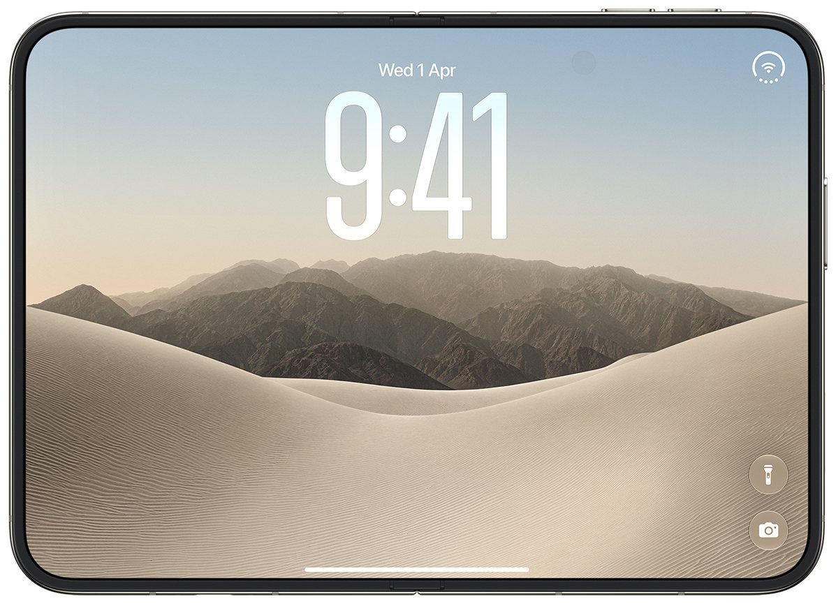 The iPhone Duo opened flat, showing the 7.6-inch nano-texture inner display
