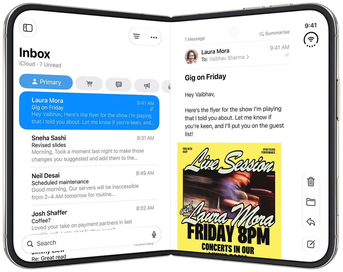 iPhone Duo held partially open showing Mail with the message list on one half and the open message on the other