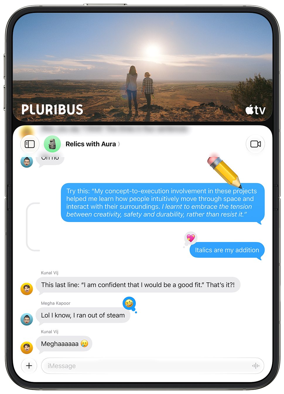 iPhone Duo held upright with Apple TV playing above and a Messages conversation below in Split View